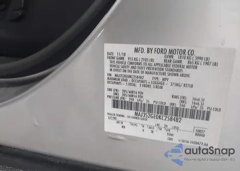 2019 Ford Ecosport Se z USA, uszkodzony, nr VIN MAJ3S2GE0KC258482